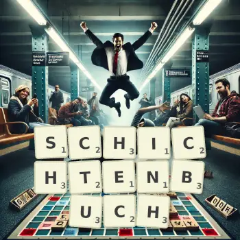 Kreative Illustration für ein Scrabble-Spiel, bei dem das Wort SCHICHTENBUCH mit Steinen auf dem Brett gelegt wurde.
