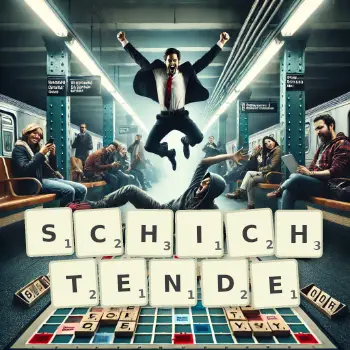 Kreative Illustration für ein Scrabble-Spiel, bei dem das Wort SCHICHTENDE mit Steinen auf dem Brett gelegt wurde.