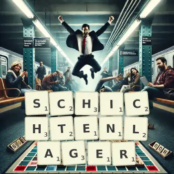 Kreative Illustration für ein Scrabble-Spiel, bei dem das Wort SCHICHTENLAGER mit Steinen auf dem Brett gelegt wurde.