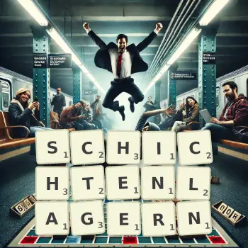 Kreative Illustration für ein Scrabble-Spiel, bei dem das Wort SCHICHTENLAGERN mit Steinen auf dem Brett gelegt wurde.