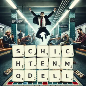 Kreative Illustration für ein Scrabble-Spiel, bei dem das Wort SCHICHTENMODELL mit Steinen auf dem Brett gelegt wurde.