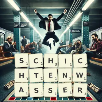 Kreative Illustration für ein Scrabble-Spiel, bei dem das Wort SCHICHTENWASSER mit Steinen auf dem Brett gelegt wurde.