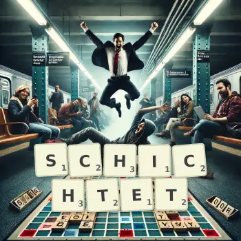 Kreative Illustration für ein Scrabble-Spiel, bei dem das Wort SCHICHTET mit Steinen auf dem Brett gelegt wurde.