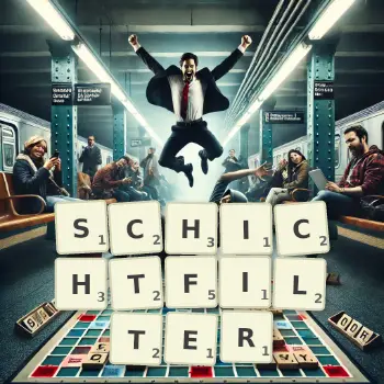 Kreative Illustration für ein Scrabble-Spiel, bei dem das Wort SCHICHTFILTER mit Steinen auf dem Brett gelegt wurde.