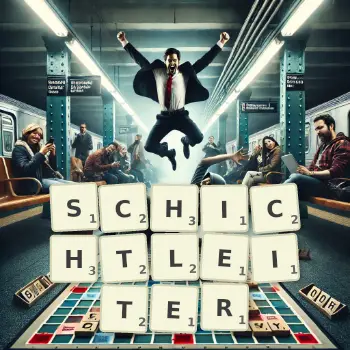 Kreative Illustration für ein Scrabble-Spiel, bei dem das Wort SCHICHTLEITER mit Steinen auf dem Brett gelegt wurde.