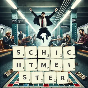 Kreative Illustration für ein Scrabble-Spiel, bei dem das Wort SCHICHTMEISTER mit Steinen auf dem Brett gelegt wurde.