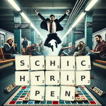 Kreative Illustration für ein Scrabble-Spiel, bei dem das Wort SCHICHTRIPPEN mit Steinen auf dem Brett gelegt wurde.