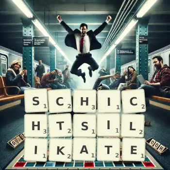 Kreative Illustration für ein Scrabble-Spiel, bei dem das Wort SCHICHTSILIKATE mit Steinen auf dem Brett gelegt wurde.