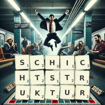 Kreative Illustration für ein Scrabble-Spiel, bei dem das Wort SCHICHTSTRUKTUR mit Steinen auf dem Brett gelegt wurde.