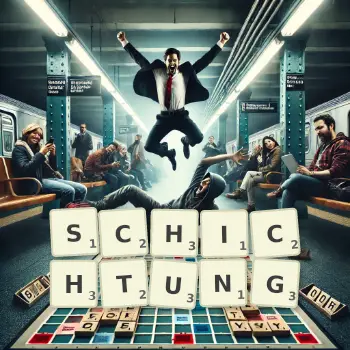 Kreative Illustration für ein Scrabble-Spiel, bei dem das Wort SCHICHTUNG mit Steinen auf dem Brett gelegt wurde.