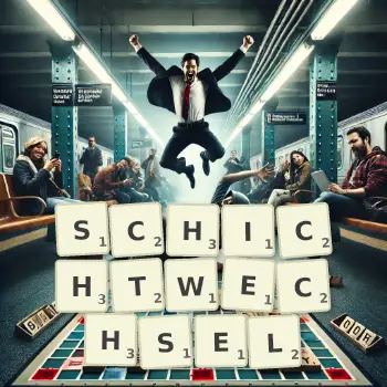 Kreative Illustration für ein Scrabble-Spiel, bei dem das Wort SCHICHTWECHSEL mit Steinen auf dem Brett gelegt wurde.