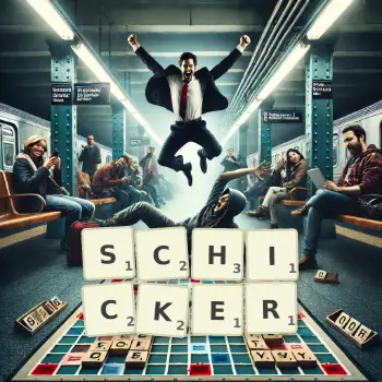 Kreative Illustration für ein Scrabble-Spiel, bei dem das Wort SCHICKER mit Steinen auf dem Brett gelegt wurde.