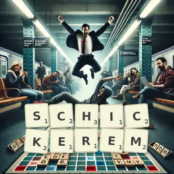 Kreative Illustration für ein Scrabble-Spiel, bei dem das Wort SCHICKEREM mit Steinen auf dem Brett gelegt wurde.