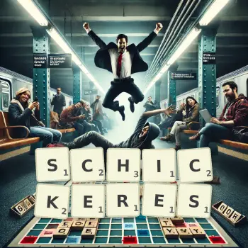 Kreative Illustration für ein Scrabble-Spiel, bei dem das Wort SCHICKERES mit Steinen auf dem Brett gelegt wurde.