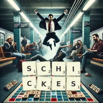 Kreative Illustration für ein Scrabble-Spiel, bei dem das Wort SCHICKES mit Steinen auf dem Brett gelegt wurde.