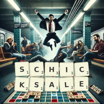 Kreative Illustration für ein Scrabble-Spiel, bei dem das Wort SCHICKSALE mit Steinen auf dem Brett gelegt wurde.