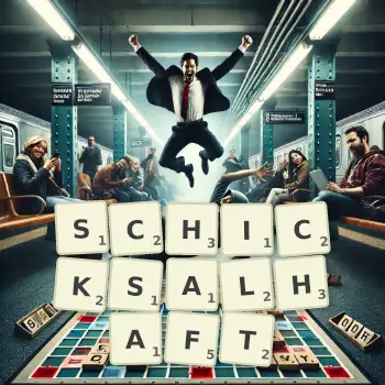 Kreative Illustration für ein Scrabble-Spiel, bei dem das Wort SCHICKSALHAFT mit Steinen auf dem Brett gelegt wurde.