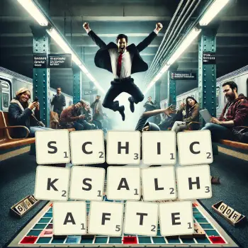 Kreative Illustration für ein Scrabble-Spiel, bei dem das Wort SCHICKSALHAFTE mit Steinen auf dem Brett gelegt wurde.