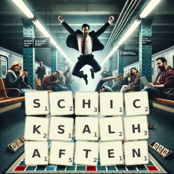 Kreative Illustration für ein Scrabble-Spiel, bei dem das Wort SCHICKSALHAFTEN mit Steinen auf dem Brett gelegt wurde.