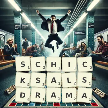 Kreative Illustration für ein Scrabble-Spiel, bei dem das Wort SCHICKSALSDRAMA mit Steinen auf dem Brett gelegt wurde.