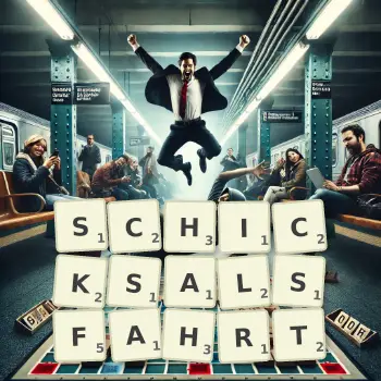 Kreative Illustration für ein Scrabble-Spiel, bei dem das Wort SCHICKSALSFAHRT mit Steinen auf dem Brett gelegt wurde.