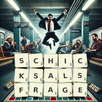 Kreative Illustration für ein Scrabble-Spiel, bei dem das Wort SCHICKSALSFRAGE mit Steinen auf dem Brett gelegt wurde.