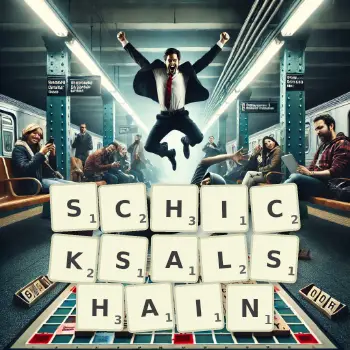 Kreative Illustration für ein Scrabble-Spiel, bei dem das Wort SCHICKSALSHAIN mit Steinen auf dem Brett gelegt wurde.