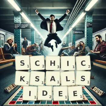 Kreative Illustration für ein Scrabble-Spiel, bei dem das Wort SCHICKSALSIDEE mit Steinen auf dem Brett gelegt wurde.