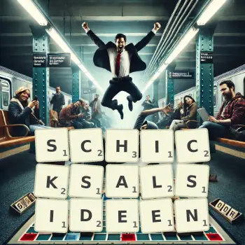 Kreative Illustration für ein Scrabble-Spiel, bei dem das Wort SCHICKSALSIDEEN mit Steinen auf dem Brett gelegt wurde.