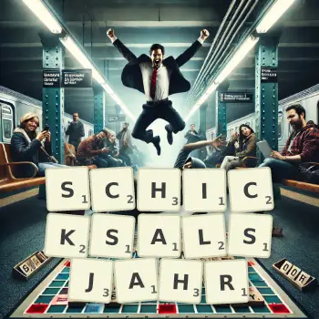 Kreative Illustration für ein Scrabble-Spiel, bei dem das Wort SCHICKSALSJAHR mit Steinen auf dem Brett gelegt wurde.