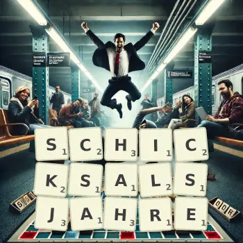 Kreative Illustration für ein Scrabble-Spiel, bei dem das Wort SCHICKSALSJAHRE mit Steinen auf dem Brett gelegt wurde.