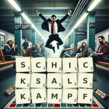 Kreative Illustration für ein Scrabble-Spiel, bei dem das Wort SCHICKSALSKAMPF mit Steinen auf dem Brett gelegt wurde.