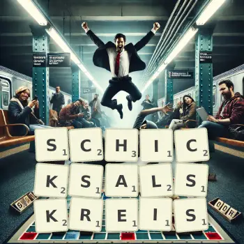 Kreative Illustration für ein Scrabble-Spiel, bei dem das Wort SCHICKSALSKREIS mit Steinen auf dem Brett gelegt wurde.