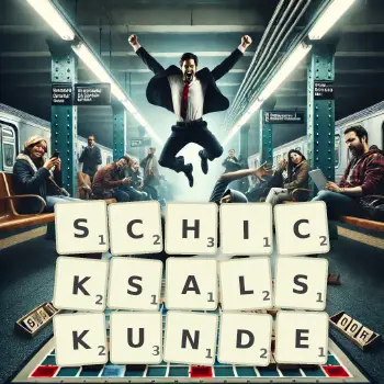 Kreative Illustration für ein Scrabble-Spiel, bei dem das Wort SCHICKSALSKUNDE mit Steinen auf dem Brett gelegt wurde.