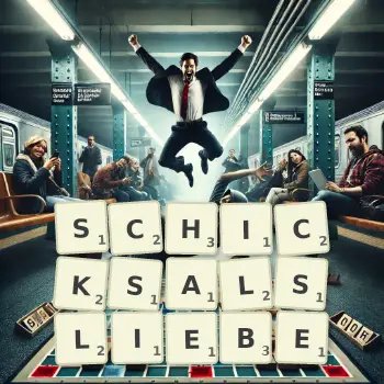 Kreative Illustration für ein Scrabble-Spiel, bei dem das Wort SCHICKSALSLIEBE mit Steinen auf dem Brett gelegt wurde.