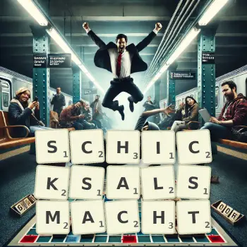 Kreative Illustration für ein Scrabble-Spiel, bei dem das Wort SCHICKSALSMACHT mit Steinen auf dem Brett gelegt wurde.