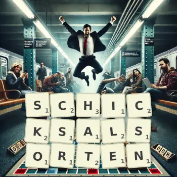 Kreative Illustration für ein Scrabble-Spiel, bei dem das Wort SCHICKSALSORTEN mit Steinen auf dem Brett gelegt wurde.