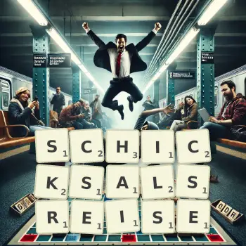 Kreative Illustration für ein Scrabble-Spiel, bei dem das Wort SCHICKSALSREISE mit Steinen auf dem Brett gelegt wurde.