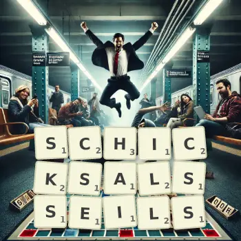 Kreative Illustration für ein Scrabble-Spiel, bei dem das Wort SCHICKSALSSEILS mit Steinen auf dem Brett gelegt wurde.