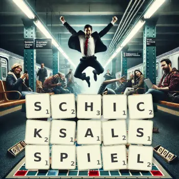 Kreative Illustration für ein Scrabble-Spiel, bei dem das Wort SCHICKSALSSPIEL mit Steinen auf dem Brett gelegt wurde.