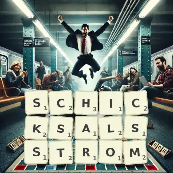 Kreative Illustration für ein Scrabble-Spiel, bei dem das Wort SCHICKSALSSTROM mit Steinen auf dem Brett gelegt wurde.