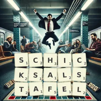 Kreative Illustration für ein Scrabble-Spiel, bei dem das Wort SCHICKSALSTAFEL mit Steinen auf dem Brett gelegt wurde.