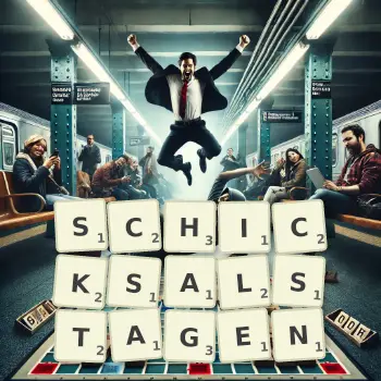 Kreative Illustration für ein Scrabble-Spiel, bei dem das Wort SCHICKSALSTAGEN mit Steinen auf dem Brett gelegt wurde.