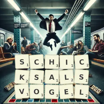 Kreative Illustration für ein Scrabble-Spiel, bei dem das Wort SCHICKSALSVOGEL mit Steinen auf dem Brett gelegt wurde.