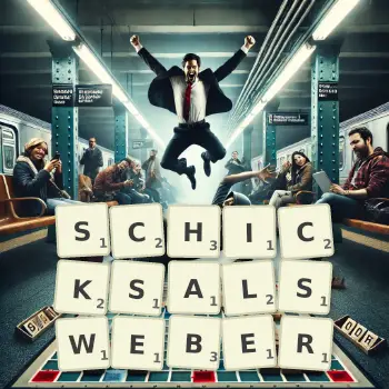 Kreative Illustration für ein Scrabble-Spiel, bei dem das Wort SCHICKSALSWEBER mit Steinen auf dem Brett gelegt wurde.