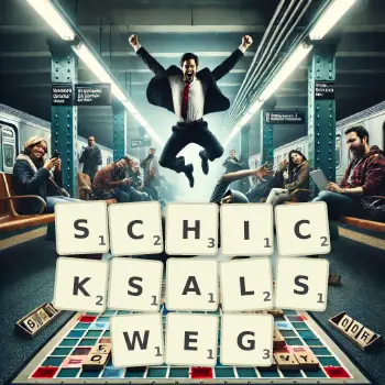Kreative Illustration für ein Scrabble-Spiel, bei dem das Wort SCHICKSALSWEG mit Steinen auf dem Brett gelegt wurde.