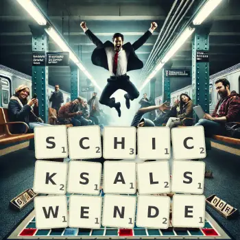 Kreative Illustration für ein Scrabble-Spiel, bei dem das Wort SCHICKSALSWENDE mit Steinen auf dem Brett gelegt wurde.