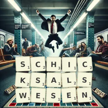 Kreative Illustration für ein Scrabble-Spiel, bei dem das Wort SCHICKSALSWESEN mit Steinen auf dem Brett gelegt wurde.