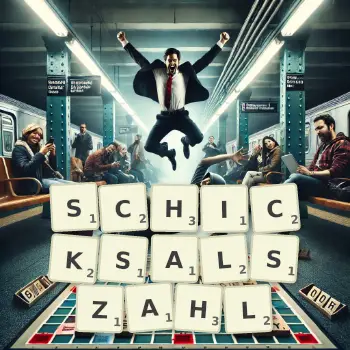 Kreative Illustration für ein Scrabble-Spiel, bei dem das Wort SCHICKSALSZAHL mit Steinen auf dem Brett gelegt wurde.
