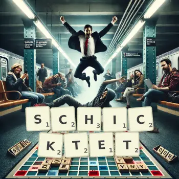 Kreative Illustration für ein Scrabble-Spiel, bei dem das Wort SCHICKTET mit Steinen auf dem Brett gelegt wurde.